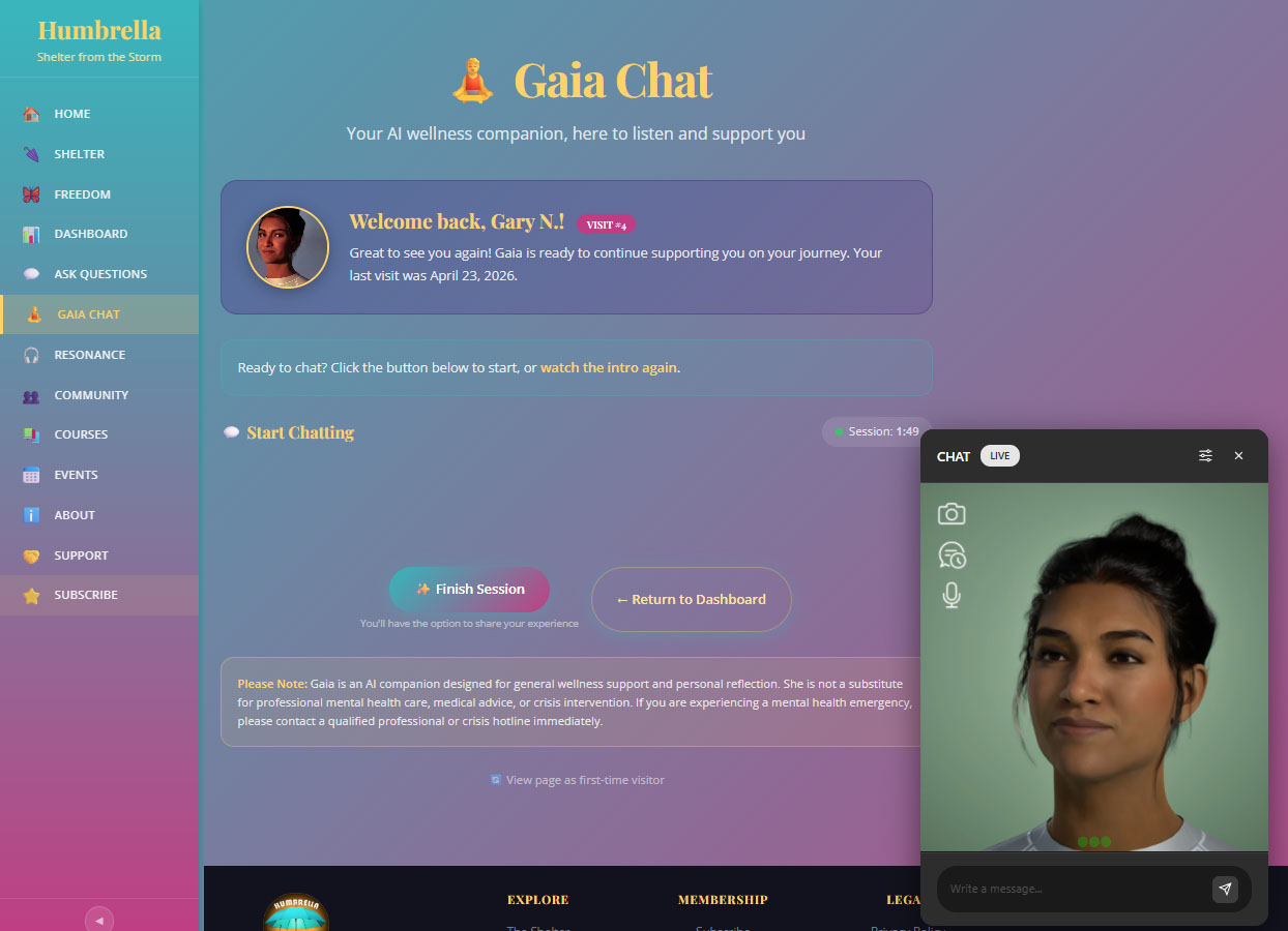 The Humbrella website with Gaia, an AI conversational avatar, visible in a chat overlay on the right side